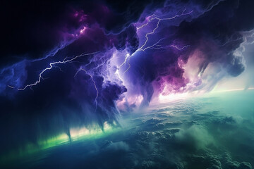 Obraz premium An image of severe storm clouds, lightning, thunderstorms, Northern Lights in the atmospheres - Generative AI