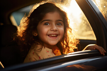 Little Indian girl looking through car window