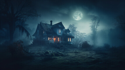 haunted house in the woods with moon light