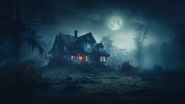 haunted house in the woods with moon light