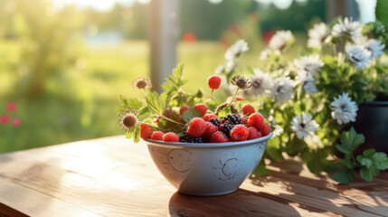 Berries in a ceramic bowl on a small wooden table