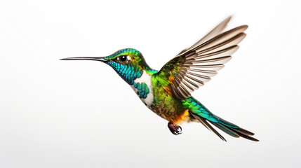 Obraz premium beautiful hummingbird in green-turquoise colors in flight on a white background. Generative Ai. 