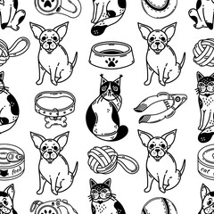 Cute pets and accessories seamless vector pattern. Goods for animals - dog leash, cat bowl with paw print, food, toy, claw clippers. Veterinary and grooming. Black and white background for poster, web