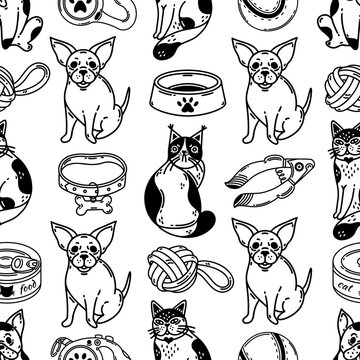 Cute pets and accessories seamless vector pattern. Goods for animals - dog leash, cat bowl with paw print, food, toy, claw clippers. Veterinary and grooming. Black and white background for poster, web