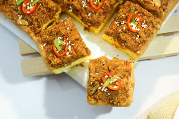 beef floss Sponge Cake cut into small pieces. top of view.