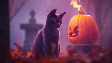 Black cat sitting on a gravestone in halloween night. Generative AI