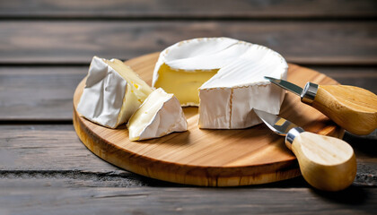 Brie cheese. Camembert cheese. Brie cheese or Camembert cheese on a wooden board.