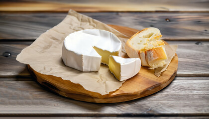 Brie cheese. Camembert cheese. Brie cheese or Camembert cheese on a wooden board.