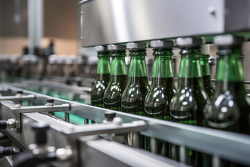 Extreme close-up of a depalletizer claw gently placing glass bottles onto a conveyor belt for labeling and packaging