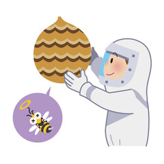 ハチの巣を駆除する作業員