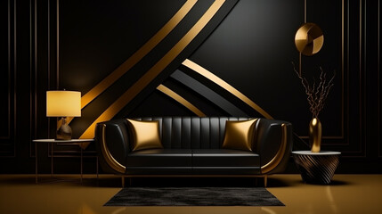 luxurious interior with a sofa with gold stripes against a stylish wall in black and gold tones. Generative Ai. 