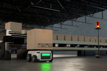 Car Robot transports truck Box with AI interface Object for manufacturing industry technology Product export and import of future Robot cyber in the warehouse by Arm mechanical future technology