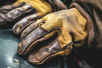 Extreme close-up of industrial gloves with oil and grease stains, showcasing their heavy usage in machinery and mechanical work