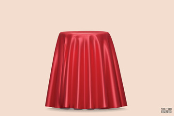 Podium covered with a piece of red silk isolated on beige background. Realistic box covered with red cloth. Podium for product, cosmetic presentation. Creative mock up. 3d vector illustration.