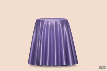 Podium covered with a piece of purple silk isolated on beige background. Realistic box covered with purple cloth. Podium for product, cosmetic presentation. Creative mock up. 3d vector illustration.