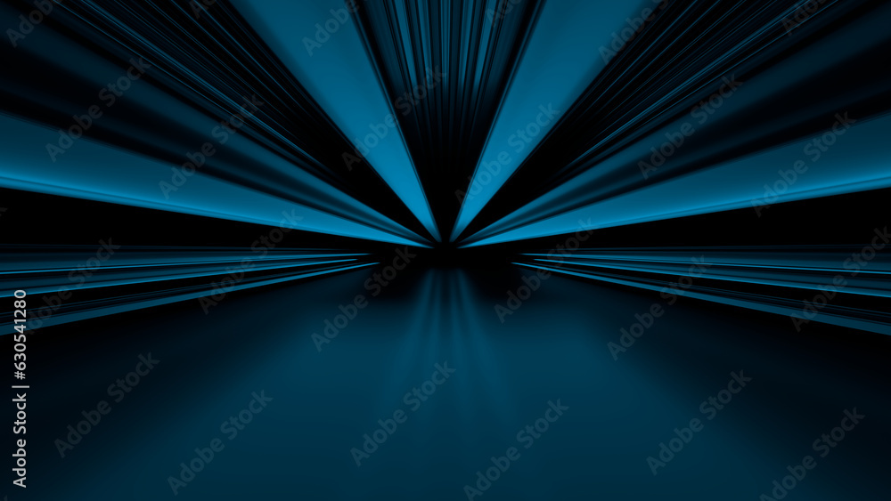 Poster sci fy neon glowing lines in a dark tunnel. reflections on the floor and ceiling. 3d rendering image