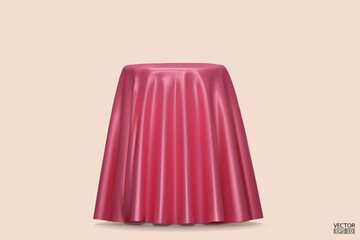 Podium covered with a piece of light pink silk isolated on beige background. Realistic box covered with pink cloth. Podium for product, cosmetic presentation. Creative mock up. 3d vector illustration.