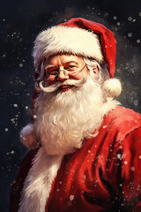 Portrait of friendly Santa Claus smiling and looking at camera with Christmas photo background.