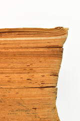 close up brown old book isolated on white background, vintage style
