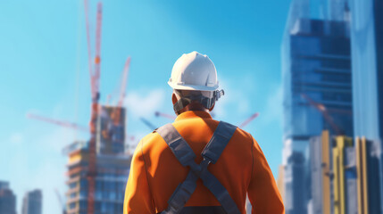 Fototapeta premium Industry worker from behind with orange safety jacket and hard hat