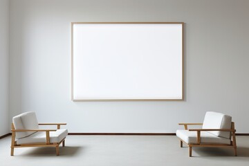 minimal room with an empty billboard and a chair. for Presentation, Mockup.
