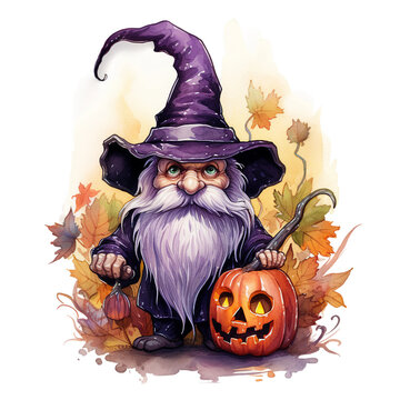 Halloween Purple Gnome Wizard Clipart With A Pumpkin, Witch Hat, Autumn Leaves