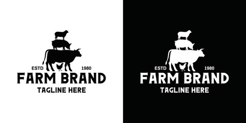 Farm logo, badge label stamp template set. Trendy retro style logotype, organic farm product food, animals, beef, goat, chicken and pork.