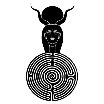 recommend clip art: Head of ancient Egyptian goddess Hathor with animal horns and a round spiral maze or labyrinth symbol. Creative mythological concept. Black and white silhouette.