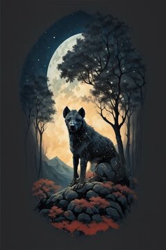 Design drawing for t-shirt, hyena in forest under moonlight image