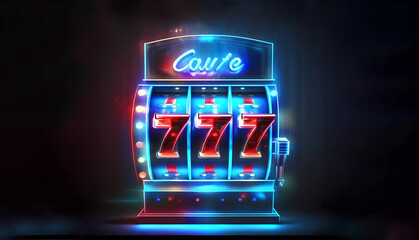 Slot machine on a bright blue background. Gambling. Banner. created by AI - obrazy, fototapety, plakaty