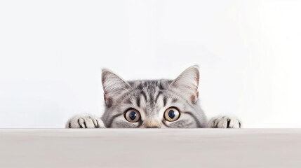 Photo of a gray Shorthair kitten frightened cat with drooping ears peeking out from behind a white table with copy space - obrazy, fototapety, plakaty