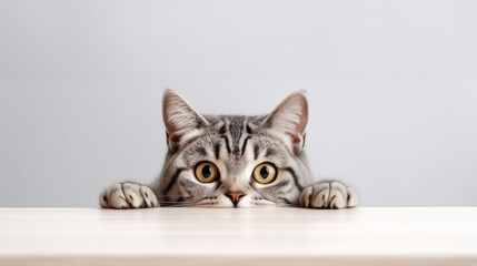 Photo of a gray Shorthair kitten frightened cat with drooping ears peeking out from behind a white table with copy space