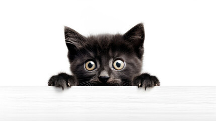 Photo of a black Shorthair kitten frightened cat with drooping ears peeking out from behind a white table with copy space