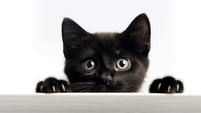 Photo of a black Shorthair kitten frightened cat with drooping ears peeking out from behind a white table with copy space