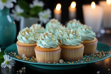 Delicious cupcakes adorned with teal frosting and decorations, arranged in a thematic display.