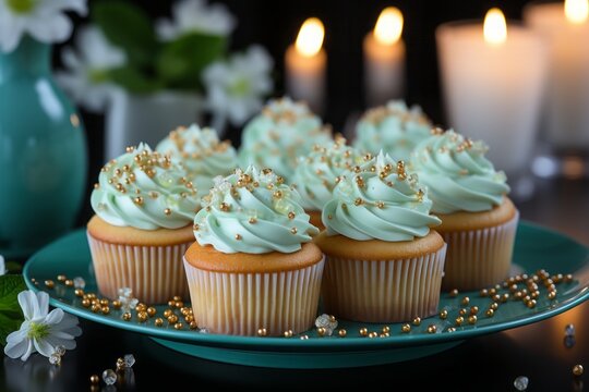 Delicious cupcakes adorned with teal frosting and decorations, arranged in a thematic display.
