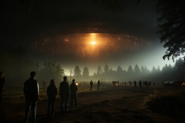 A group gazes at a UFO in the night sky, surrounded by orange, misty lights, entranced by the mysterious object.