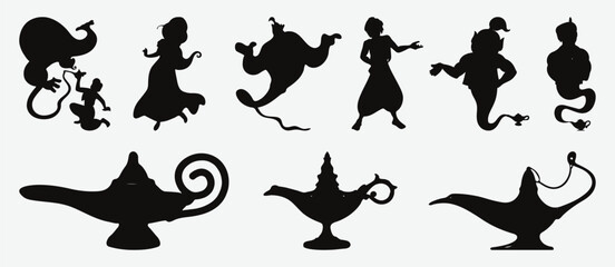 Enchanting Aladdin and the Magic Lamp, Intricate Silhouette Illustrations for Your Creative Projects - obrazy, fototapety, plakaty