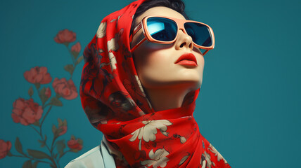 portrait of a woman in red scarf headwrap wearing sunglasses 