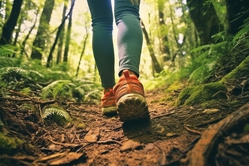 Back view of a young woman walking on the trail in a forest, close-up of a shoes