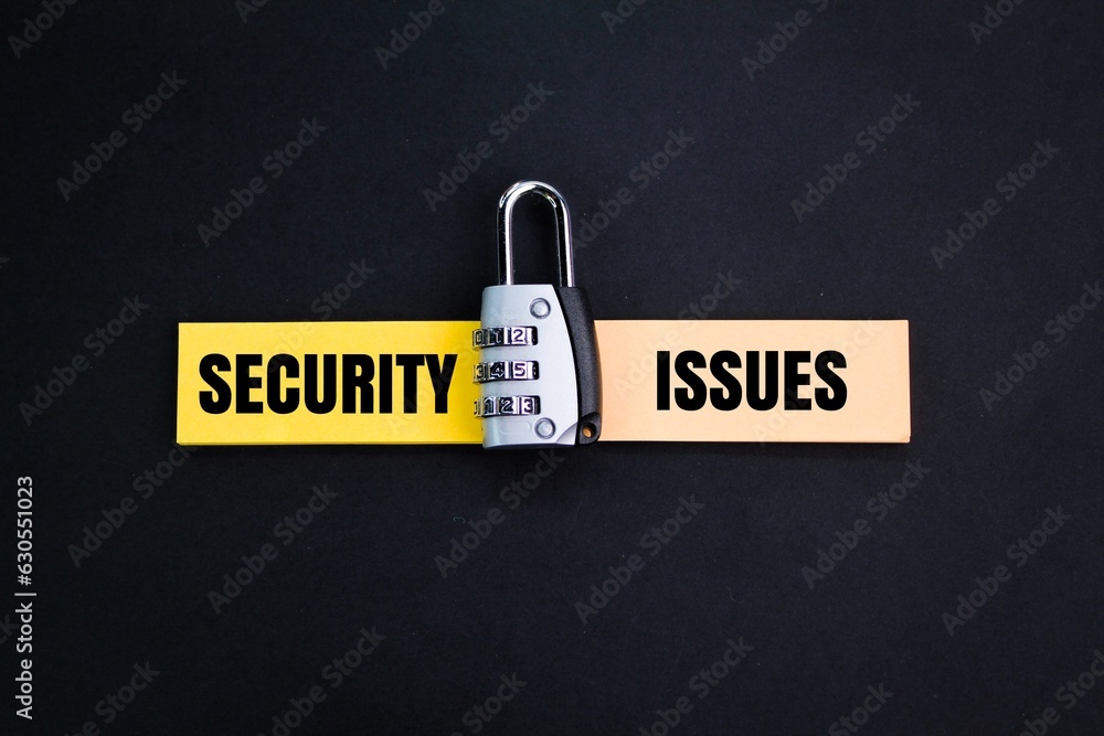 Poster key and colored paper with the word security issue. data protection concept. security issue explanat
