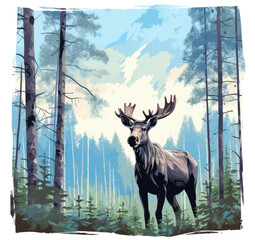 Illustration of a moose in a forest