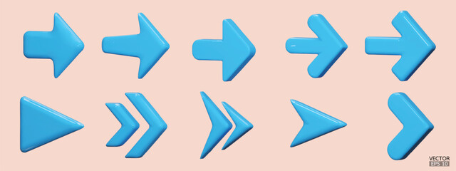 Set of blue vector arrows. Shiny 3d glass Arrows icon. Arrows Cartoon minimal style collection. 3d vector illustration.