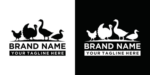 Poultry farm logo template, chicken farm, turkey farm, duck farm, goose farm. goose, duck, turkey, chicken symbol in black and white. © zulfan