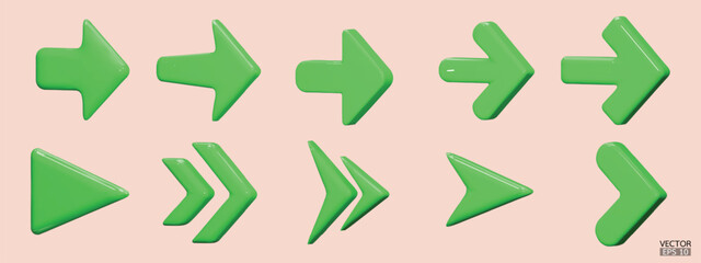 Set of green vector arrows. Shiny 3d glass Arrows icon. Arrows Cartoon minimal style collection. 3d vector illustration.