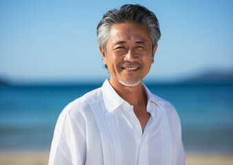 海を背景に微笑むアジア人のシニア男性