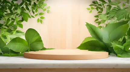 WOODEN PODIUM WITH FRESH FOLIAGE FOR PRODUCT PRESENTATION