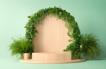 WOODEN PODIUM WITH FRESH FOLIAGE FOR PRODUCT PRESENTATION