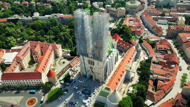 Aerial drone view of a church in Zadar, Croatia. Historical city centre with old buildings and narrow streets, greenery