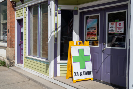 Cannabis dispensary in a strip of stores along a street, Silverton, Colorado